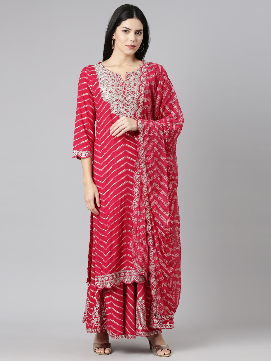 Neerus Pink printed straight sharara set with dupatta - front view