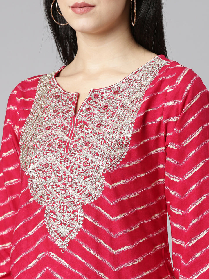Neerus Pink printed straight sharara set with dupatta - detail view 1