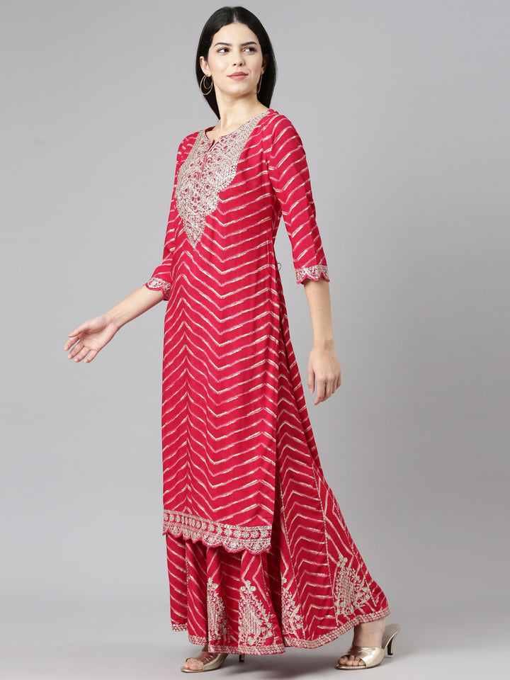 Neerus Pink printed straight sharara set with dupatta - back view