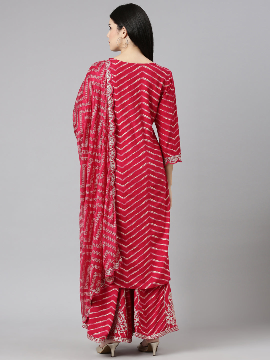 Neerus Pink printed straight sharara set with dupatta - side view