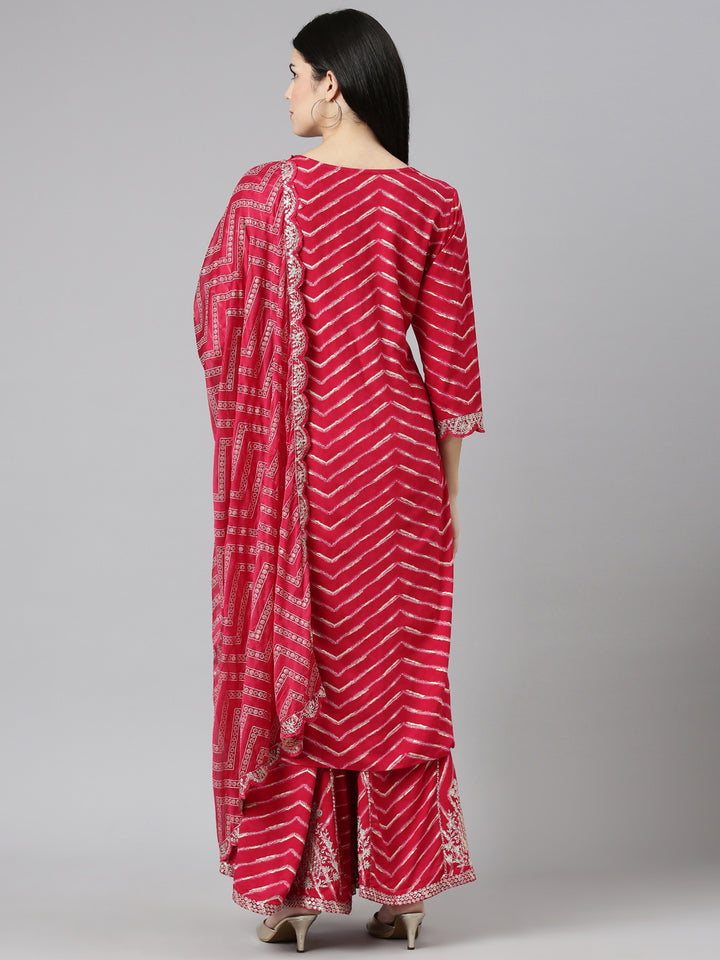 Neerus Pink printed straight sharara set with dupatta - side view