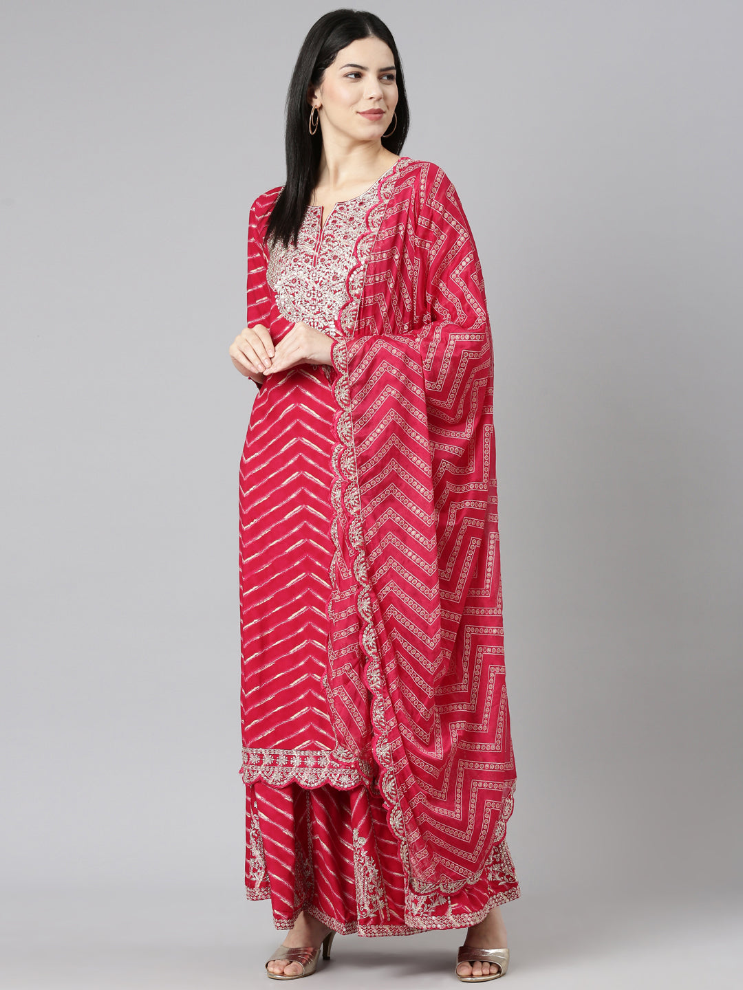 Neerus Pink printed straight sharara set with dupatta - detail view 2