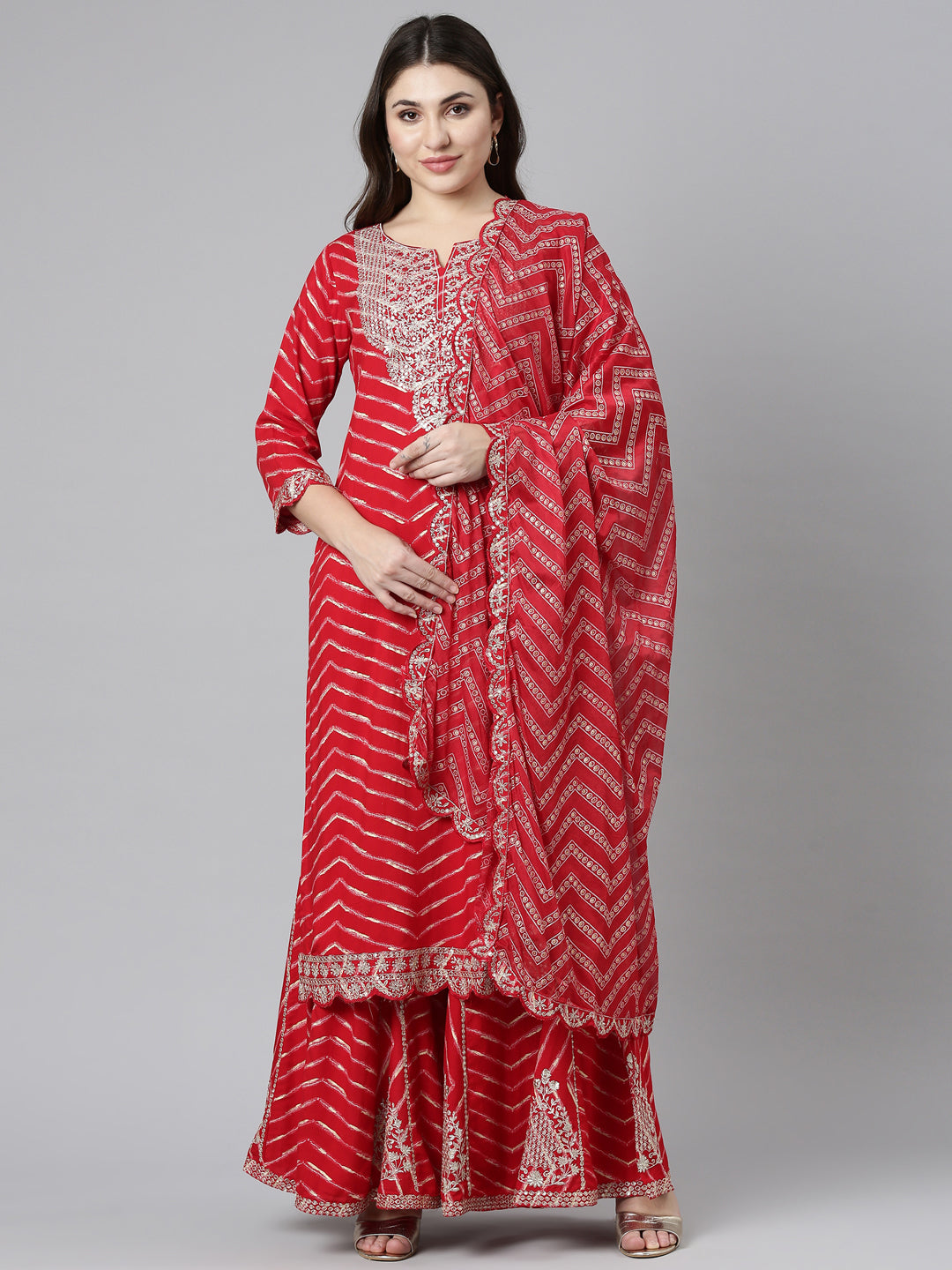 Neerus Red Regular Straight Printed Kurta And Sharara With Dupatta