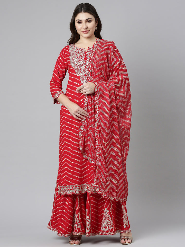 Neerus Red Regular Straight Printed Kurta And Sharara With Dupatta