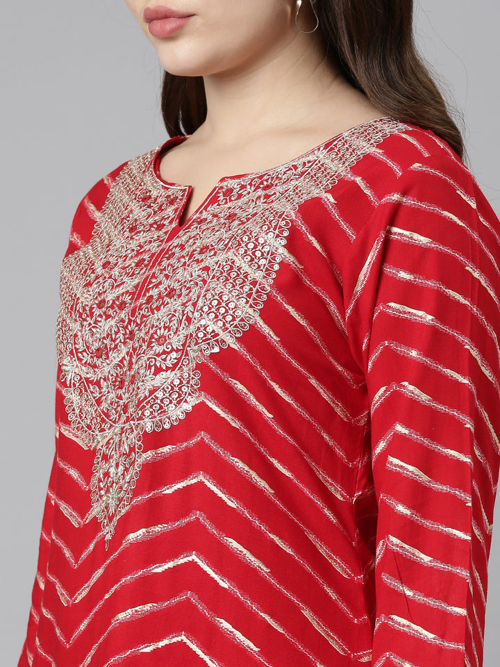 Neerus Red Regular Straight Printed Kurta And Sharara With Dupatta