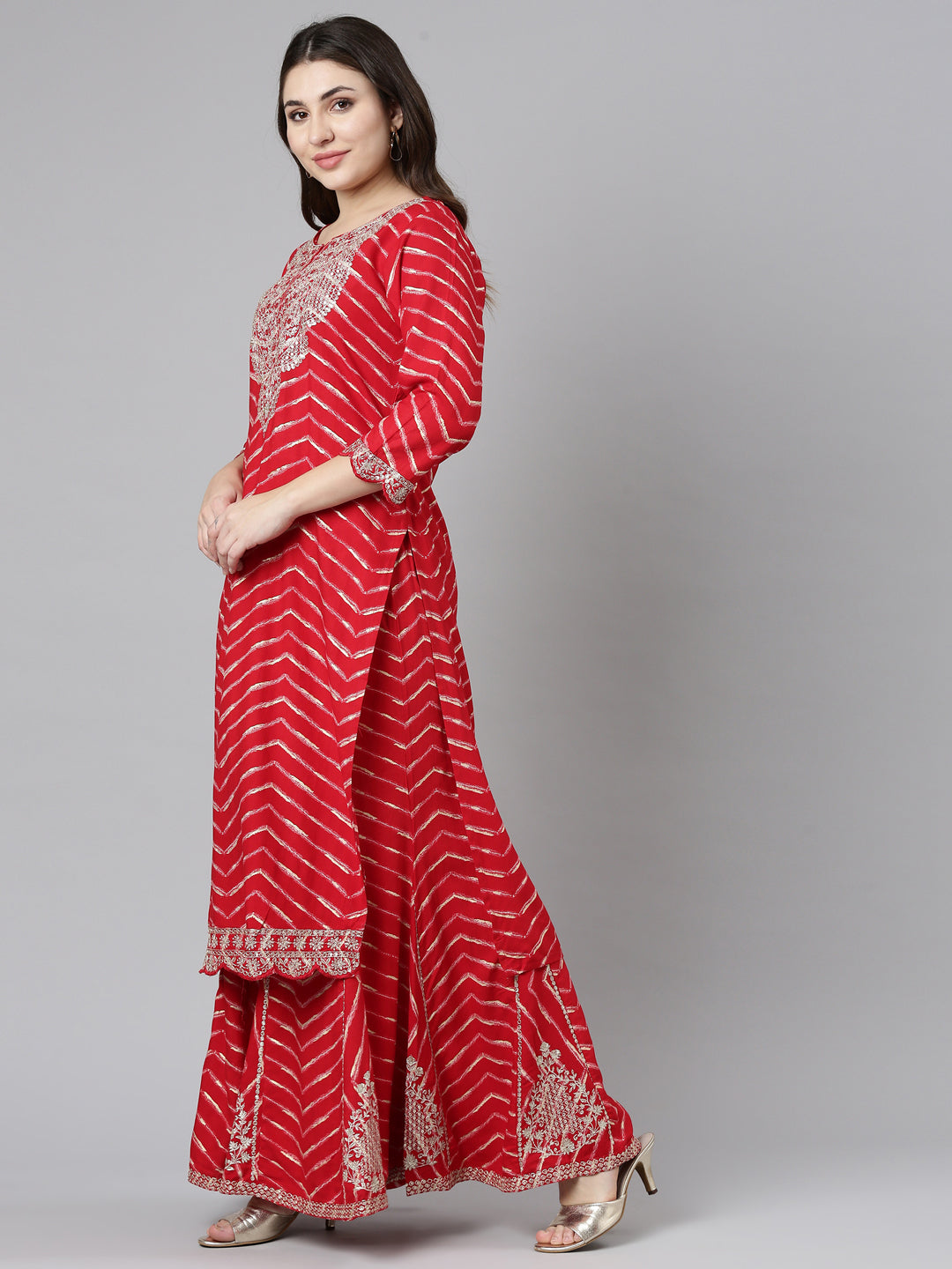 Neerus Red Regular Straight Printed Kurta And Sharara With Dupatta