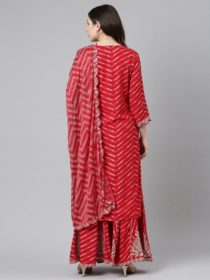 Neerus Red Regular Straight Printed Kurta And Sharara With Dupatta
