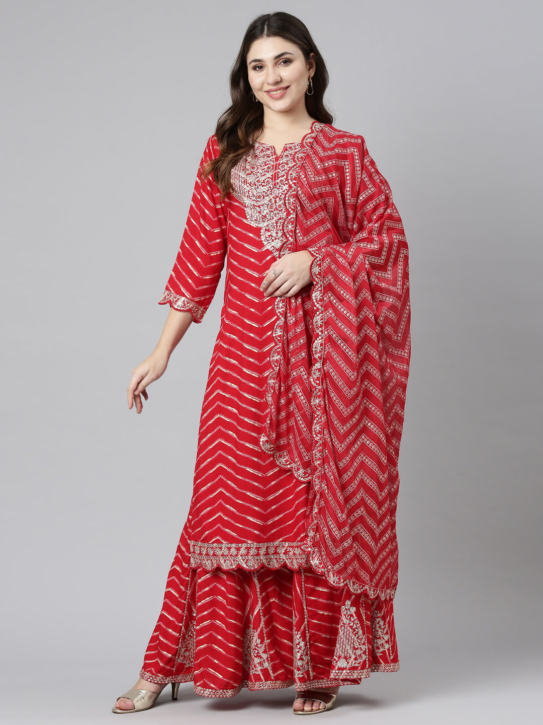 Neerus Red Regular Straight Printed Kurta And Sharara With Dupatta