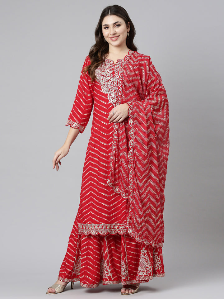 Neerus Red Regular Straight Printed Kurta And Sharara With Dupatta