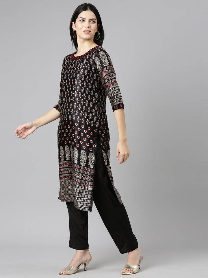 Neerus Black printed straight kurta set with dupatta - back view
