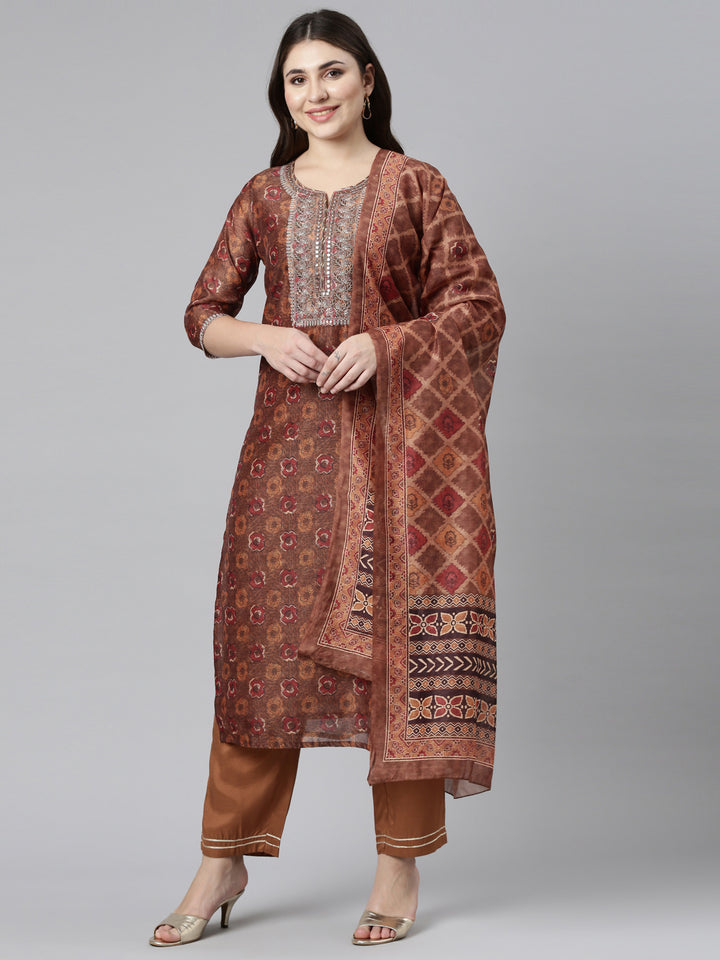 Neerus Brown printed straight kurta set with dupatta - front view