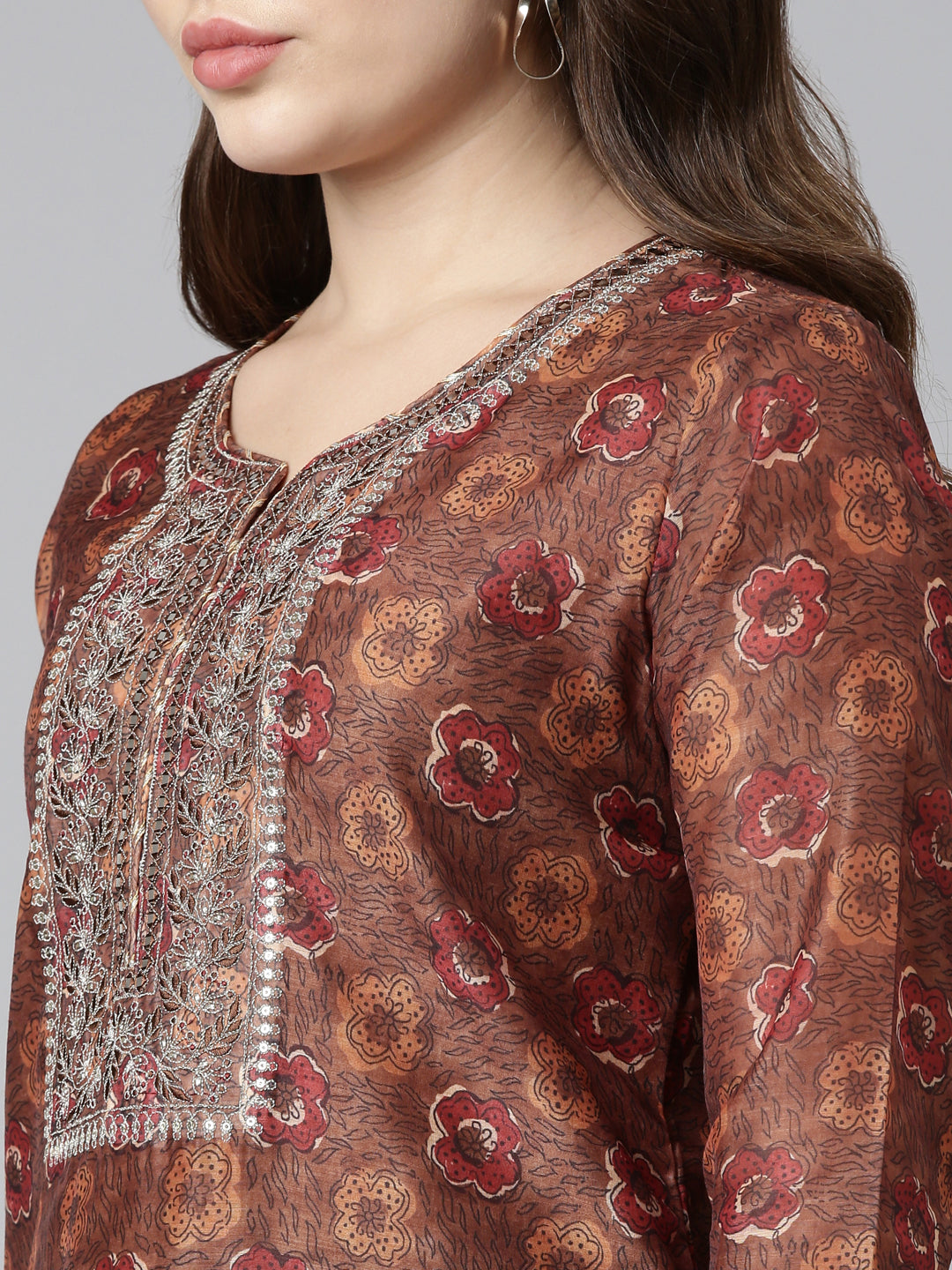 Neerus Brown printed straight kurta set with dupatta - detail view 1