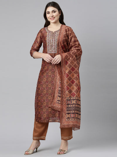 Neerus Brown Regular Straight Printed Kurta And Trousers With Dupatta