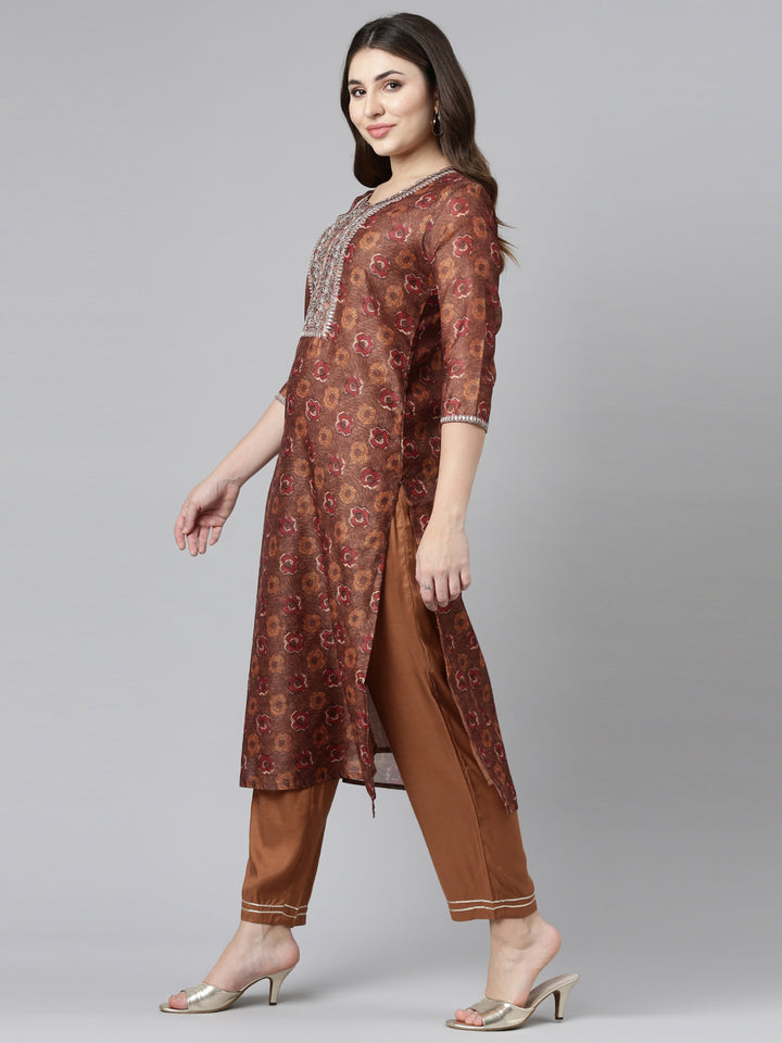 Neerus Brown printed straight kurta set with dupatta - back view