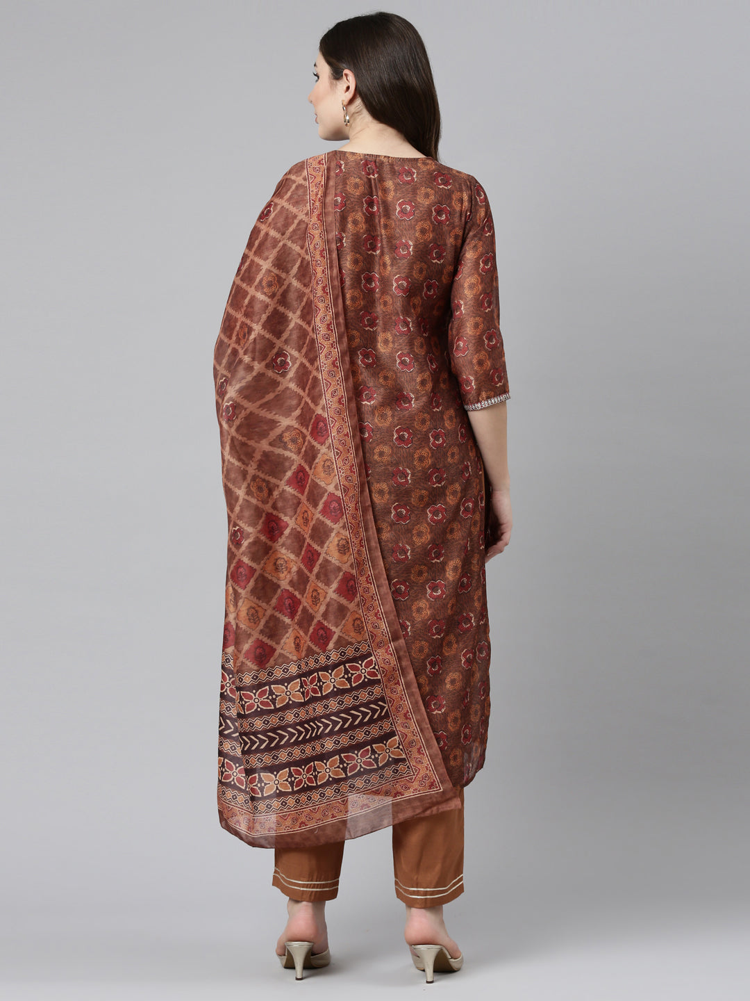 Neerus Brown printed straight kurta set with dupatta - side view