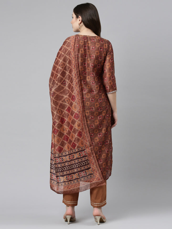 Neerus Brown printed straight kurta set with dupatta - side view