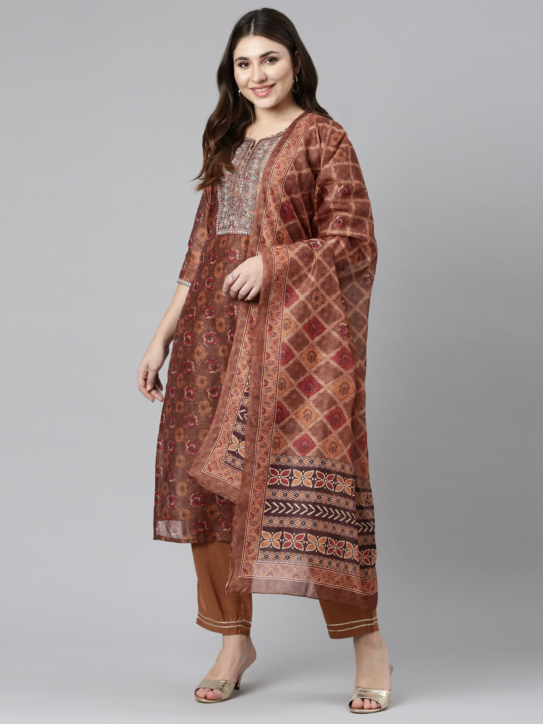 Neerus Brown printed straight kurta set with dupatta - detail view 2