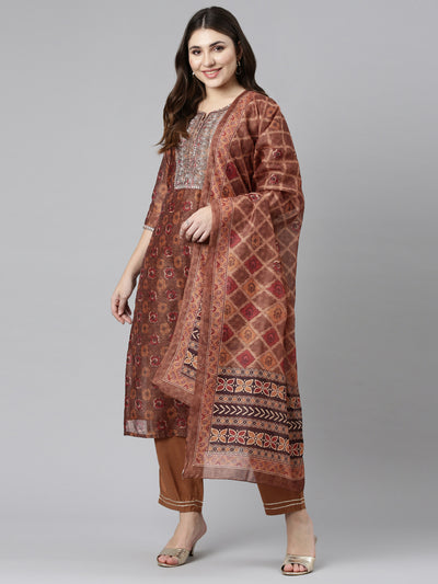 Neerus Brown Regular Straight Printed Kurta And Trousers With Dupatta