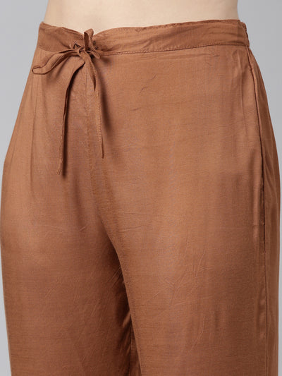 Neerus Brown Regular Straight Printed Kurta And Trousers With Dupatta