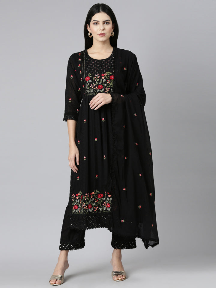 Neerus Black Regular Straight Embroidered Kurta and Trouser with Dupatta