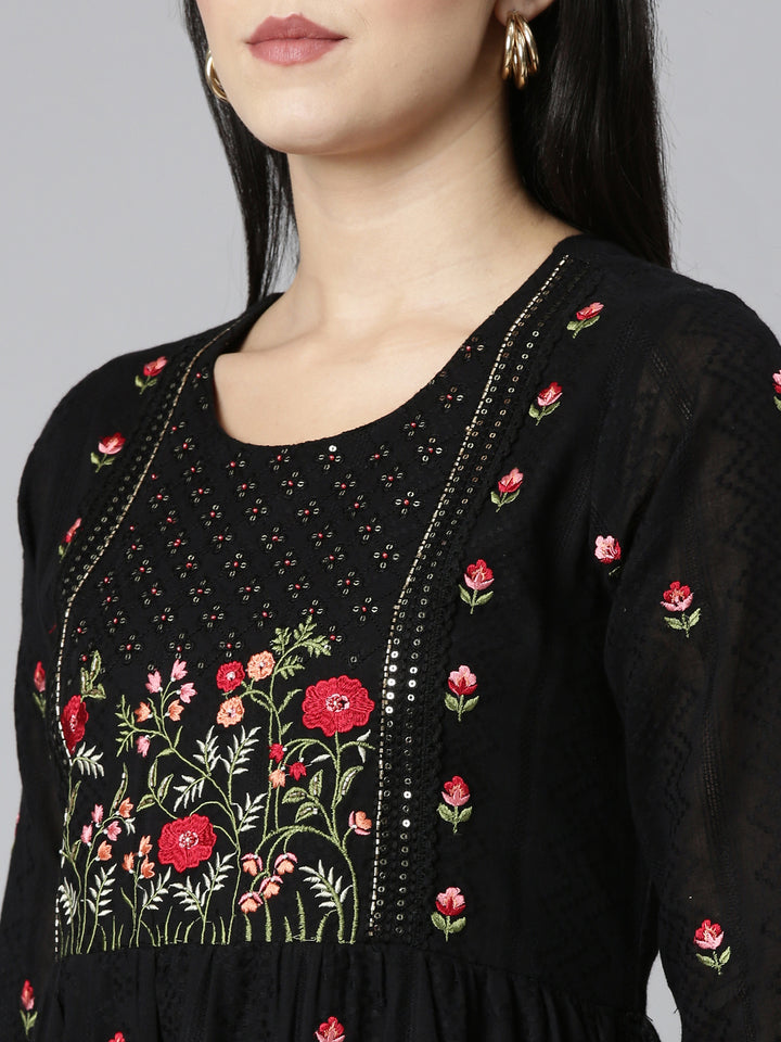 Neerus Black Regular Straight Embroidered Kurta and Trouser with Dupatta