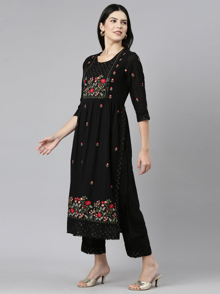 Neerus Black Regular Straight Embroidered Kurta and Trouser with Dupatta