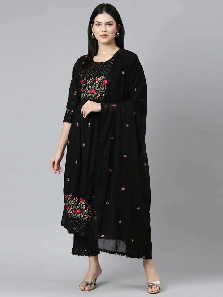 Neerus Black Regular Straight Embroidered Kurta and Trouser with Dupatta