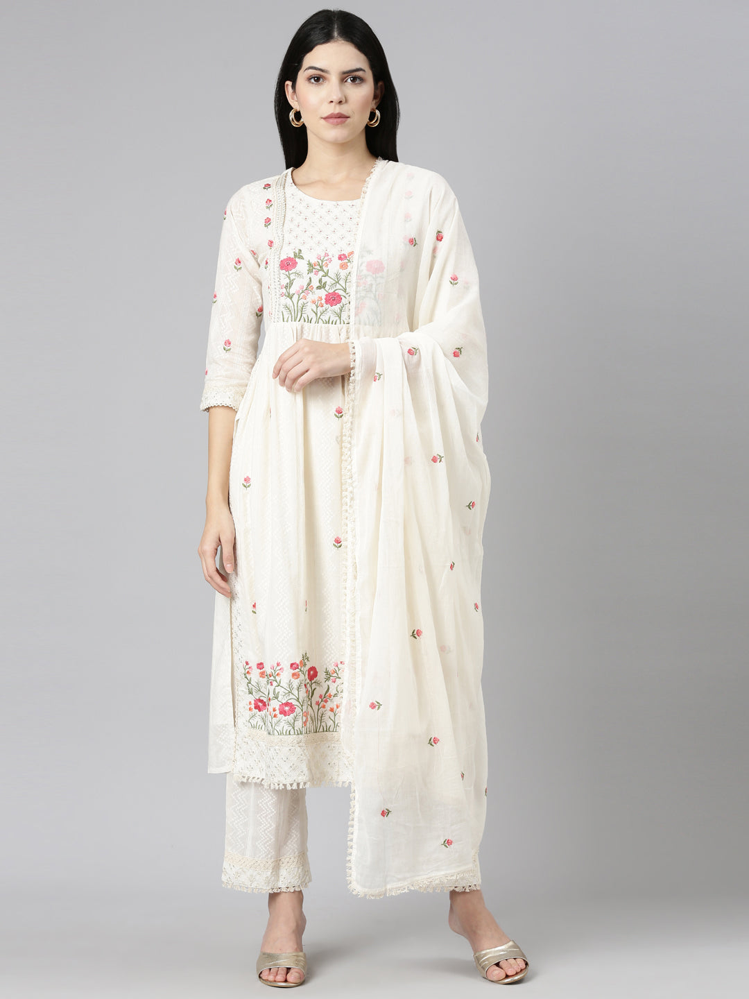 Neerus Beige embroidered straight kurta set - front view