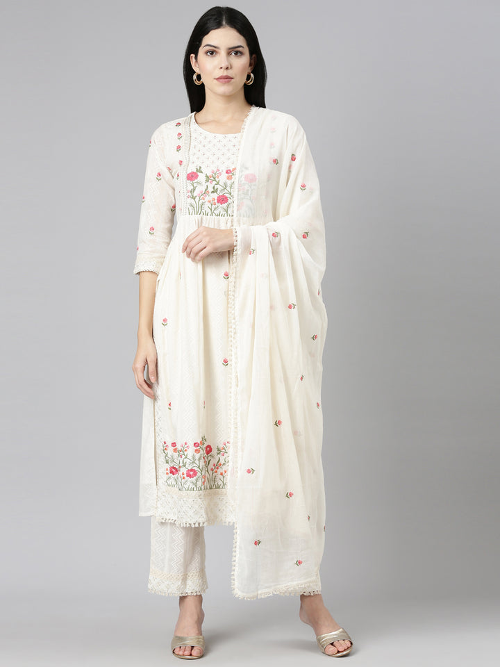 Neerus Beige embroidered straight kurta set - front view