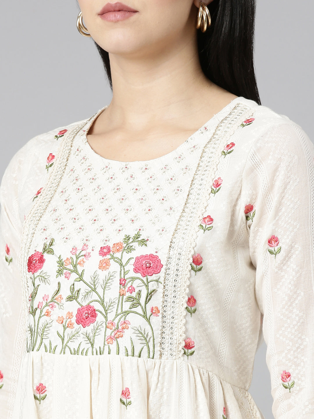 Neerus Beige embroidered straight kurta set - detail view 1