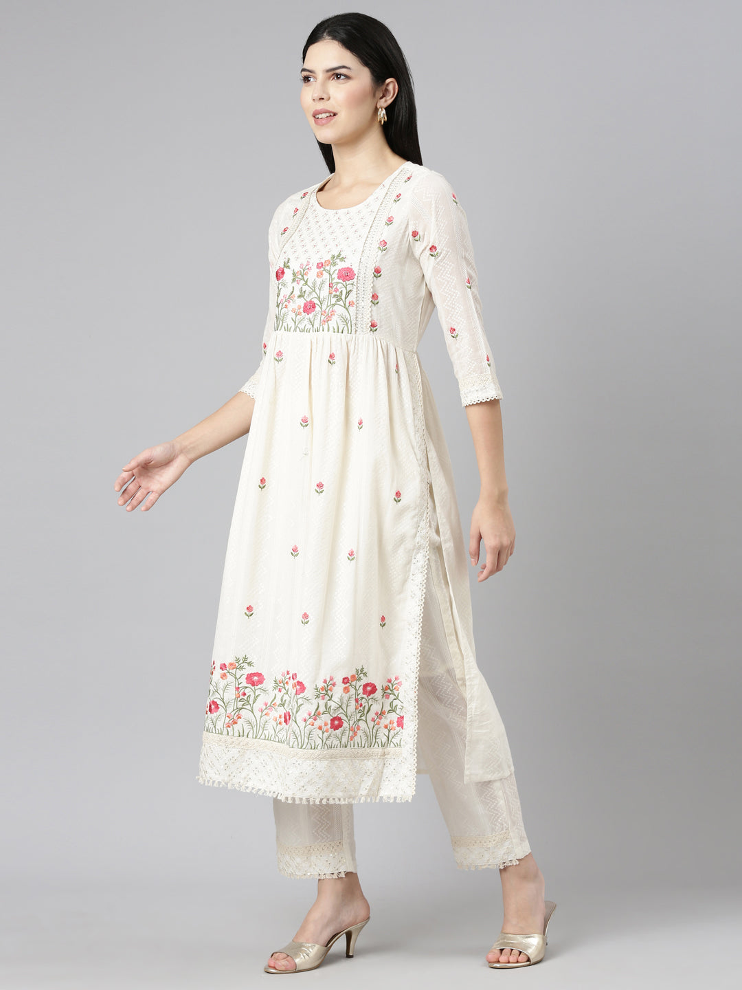 Neerus Beige embroidered straight kurta set - back view