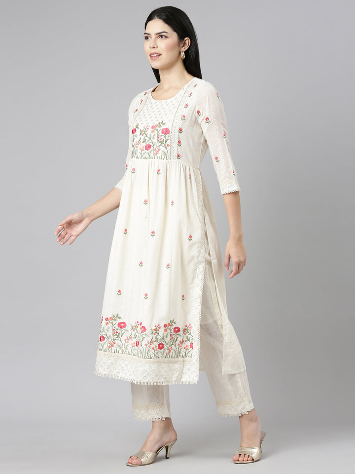 Neerus Beige embroidered straight kurta set - back view