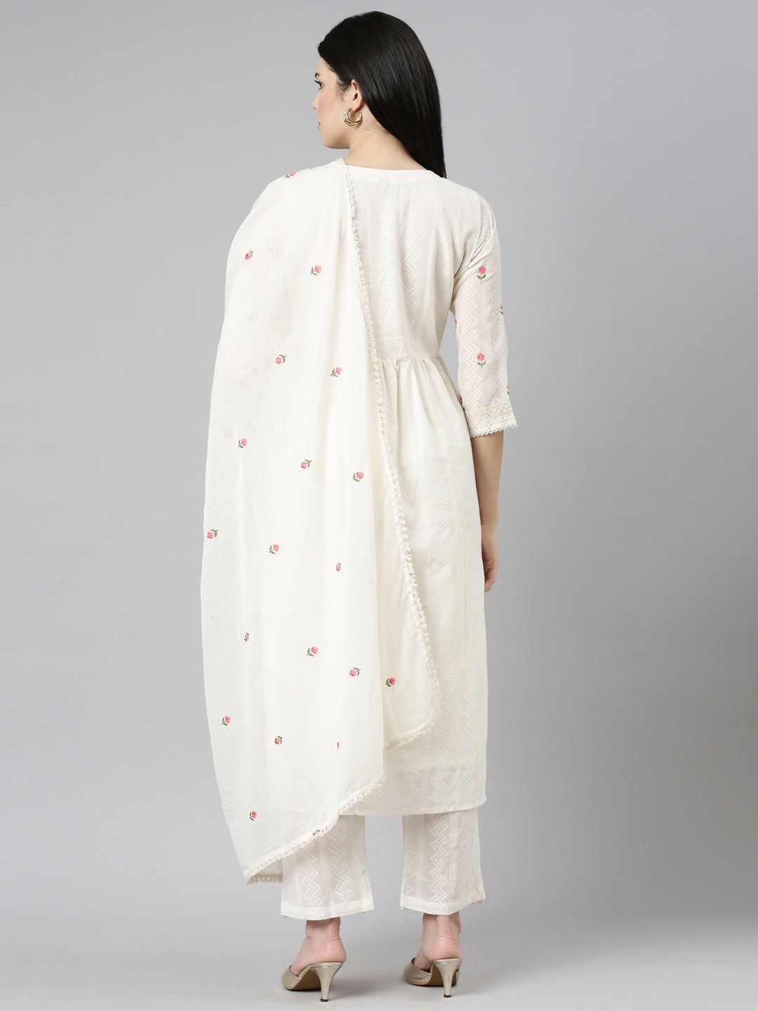 Neerus Beige embroidered straight kurta set - side view