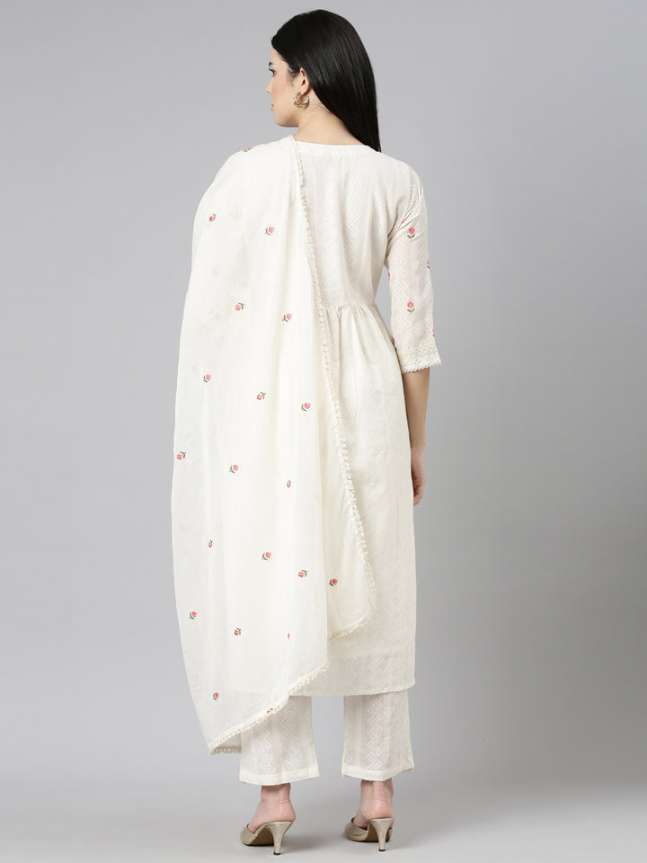 Neerus Beige embroidered straight kurta set - side view