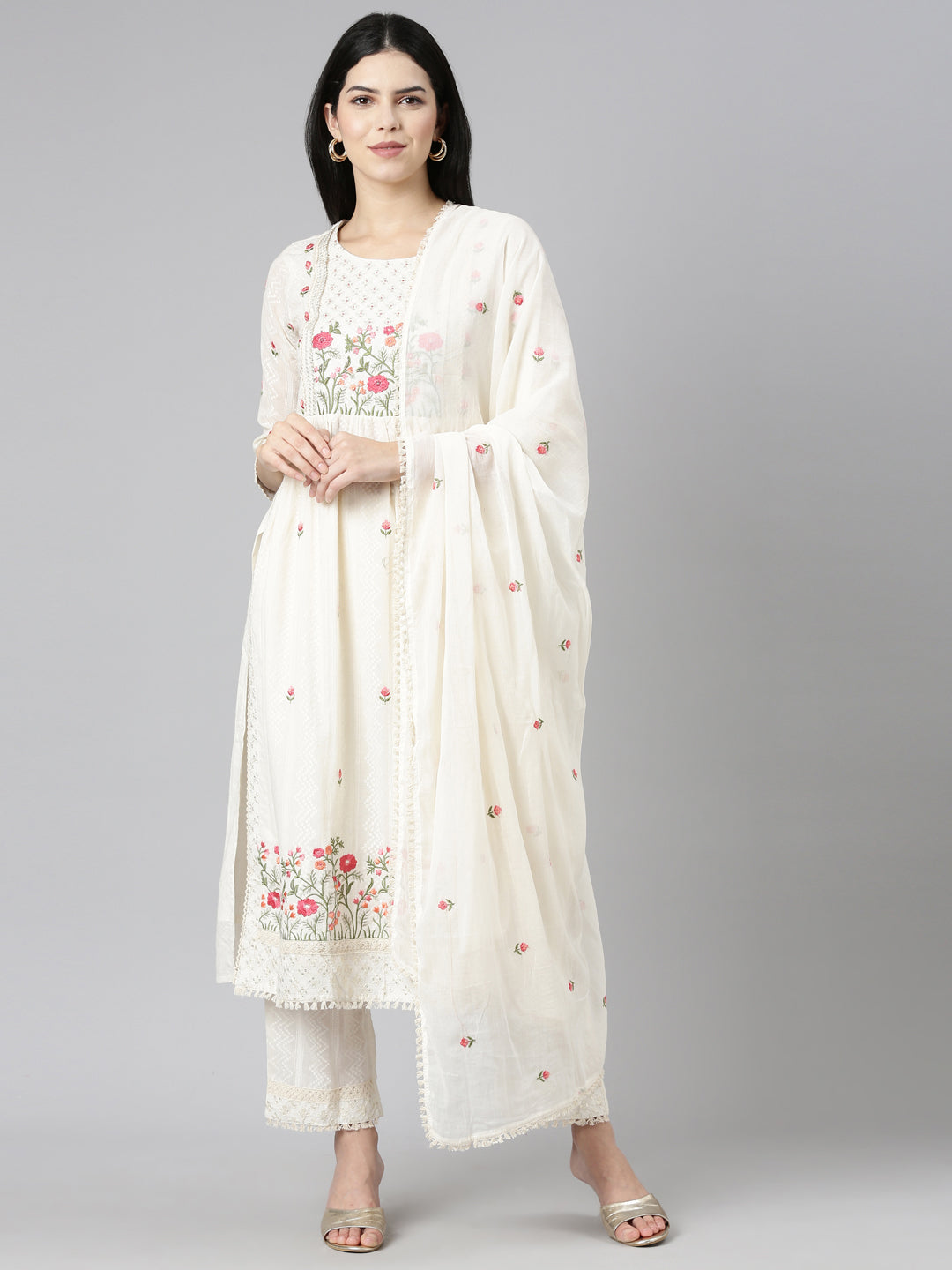 Neerus Beige embroidered straight kurta set - detail view 2