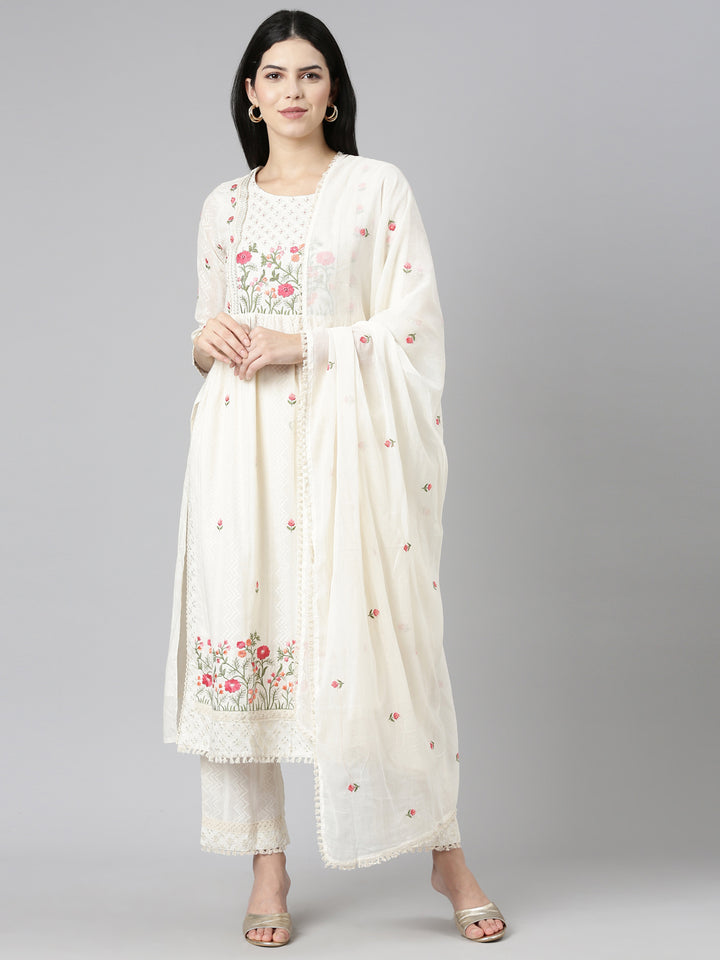 Neerus Beige embroidered straight kurta set - detail view 2
