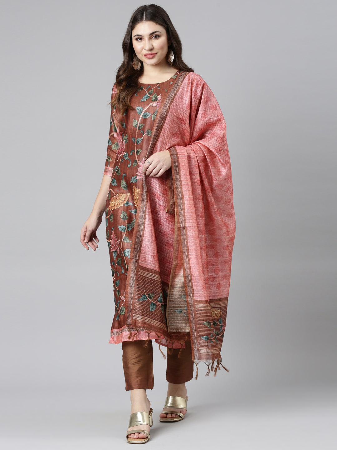 Neerus Orange printed straight kurta set with trouser and dupatta - front view