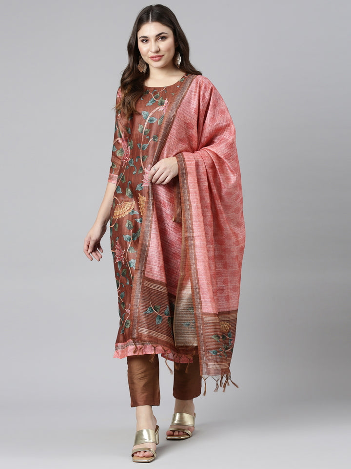 Neerus Orange printed straight kurta set with trouser and dupatta - front view