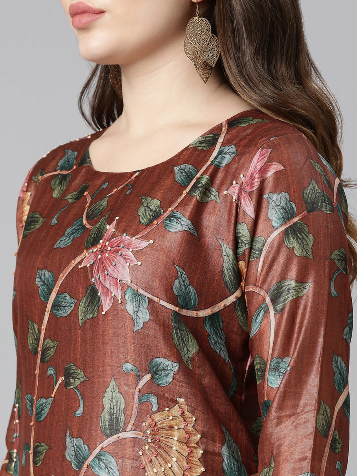 Neerus Orange printed straight kurta set with trouser and dupatta - detail view 1