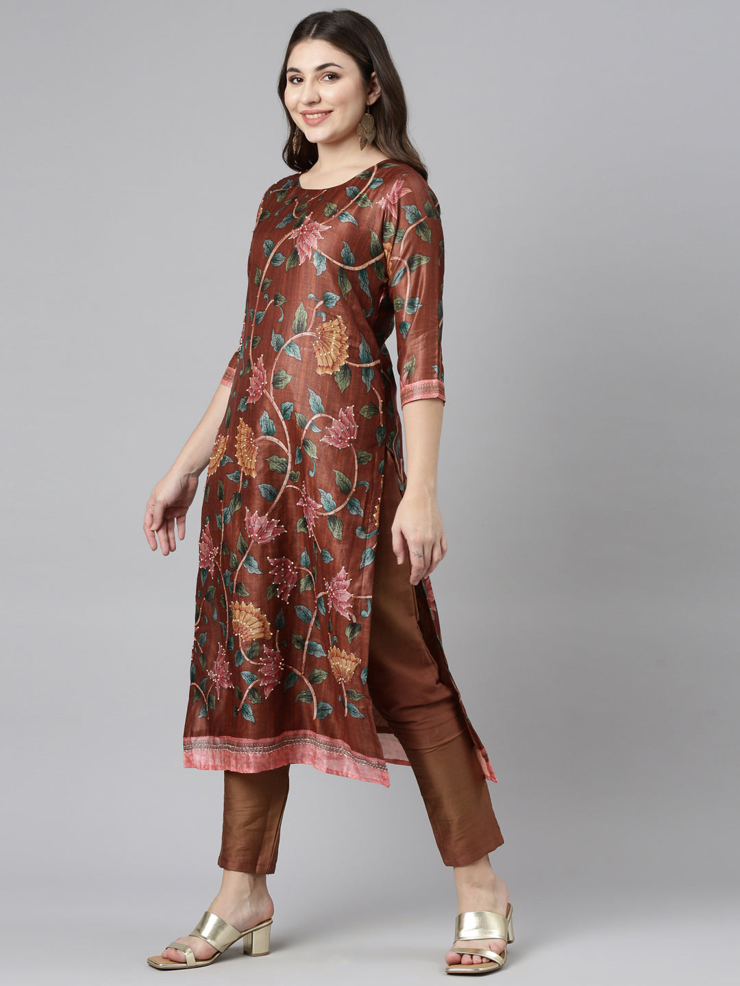 Neerus Orange printed straight kurta set with trouser and dupatta - back view