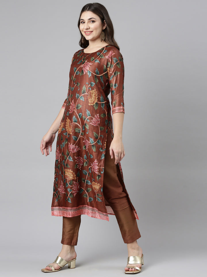 Neerus Orange printed straight kurta set with trouser and dupatta - back view