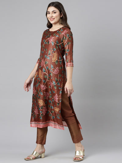 Neerus Rust Regular Straight Printed Kurta And Trousers With Dupatta