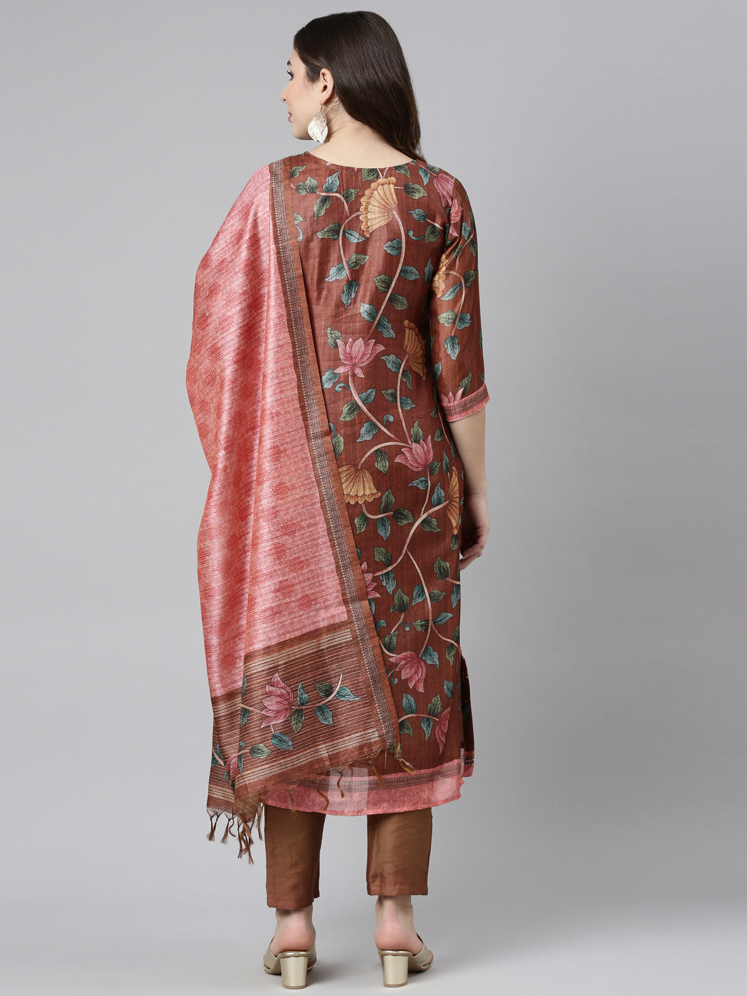 Neerus Orange printed straight kurta set with trouser and dupatta - side view