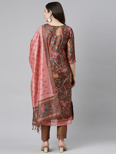 Neerus Rust Regular Straight Printed Kurta And Trousers With Dupatta