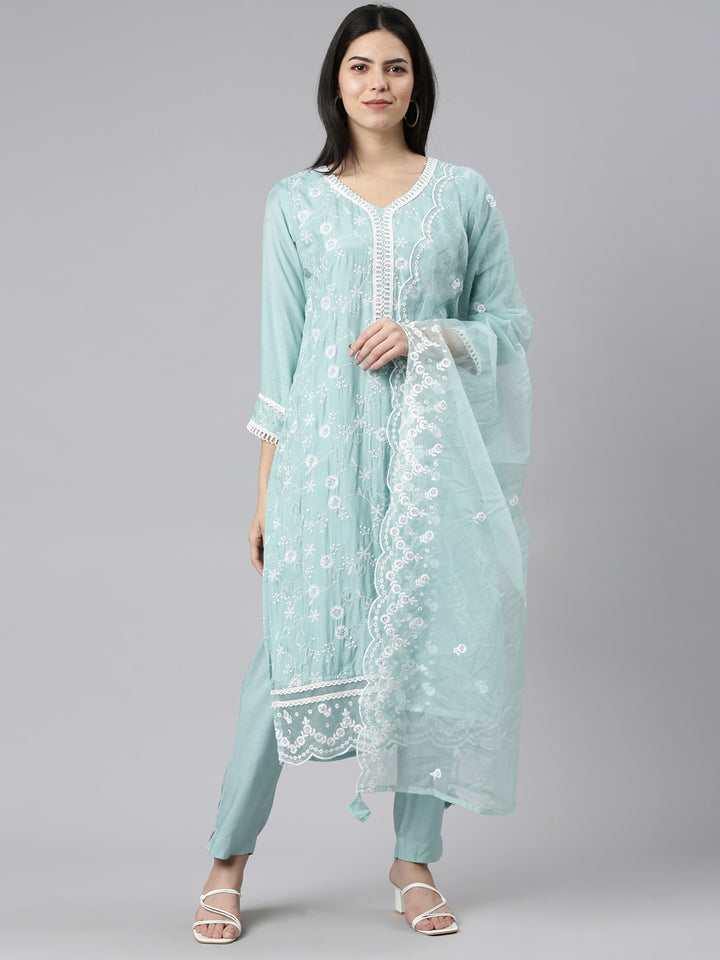 Neerus Blue embroidered straight kurta set with trouser and dupatta - front view