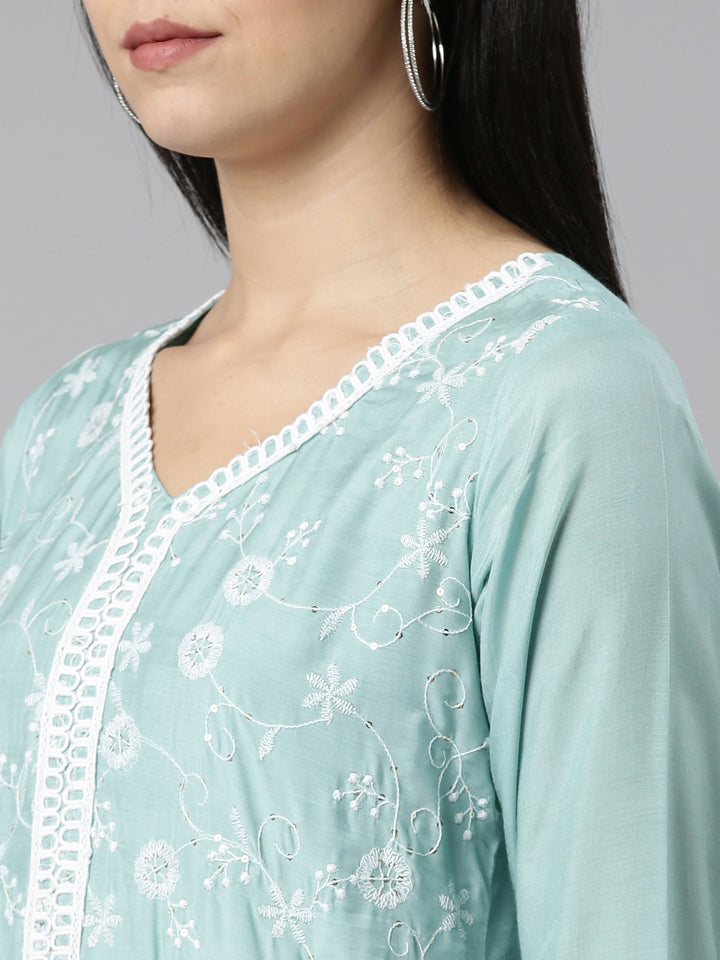Neerus Blue embroidered straight kurta set with trouser and dupatta - detail view 1