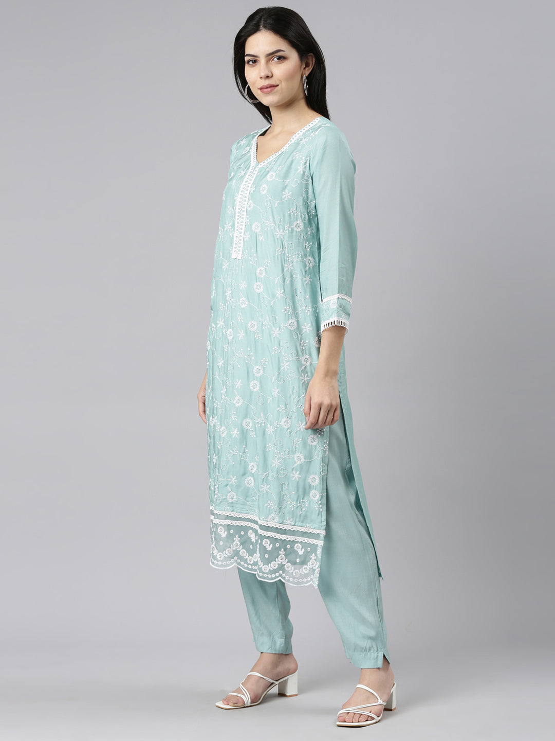 Neerus Blue embroidered straight kurta set with trouser and dupatta - back view