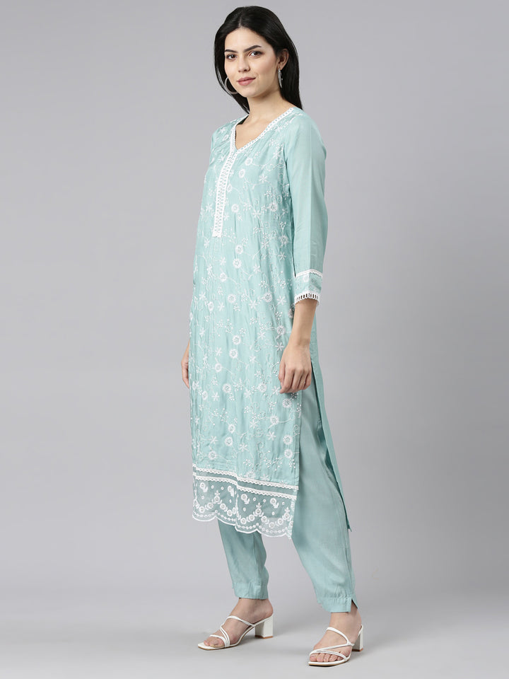 Neerus Blue embroidered straight kurta set with trouser and dupatta - back view