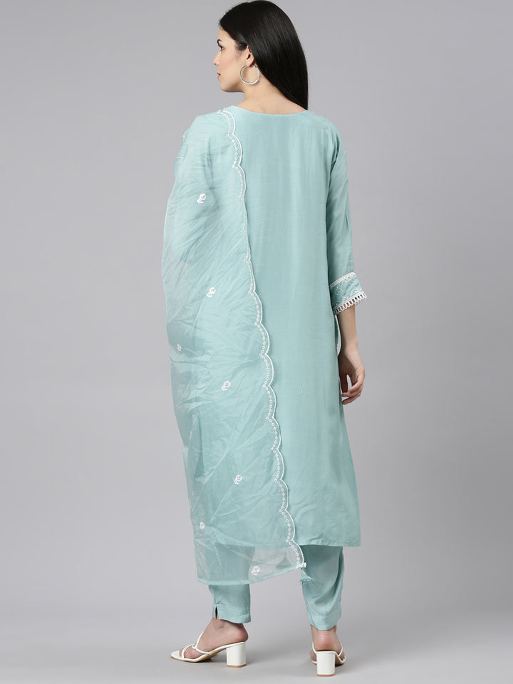 Neerus Blue embroidered straight kurta set with trouser and dupatta - side view