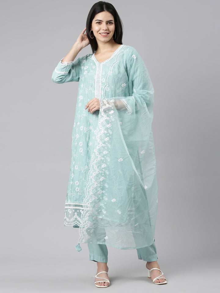 Neerus Blue embroidered straight kurta set with trouser and dupatta - detail view 2
